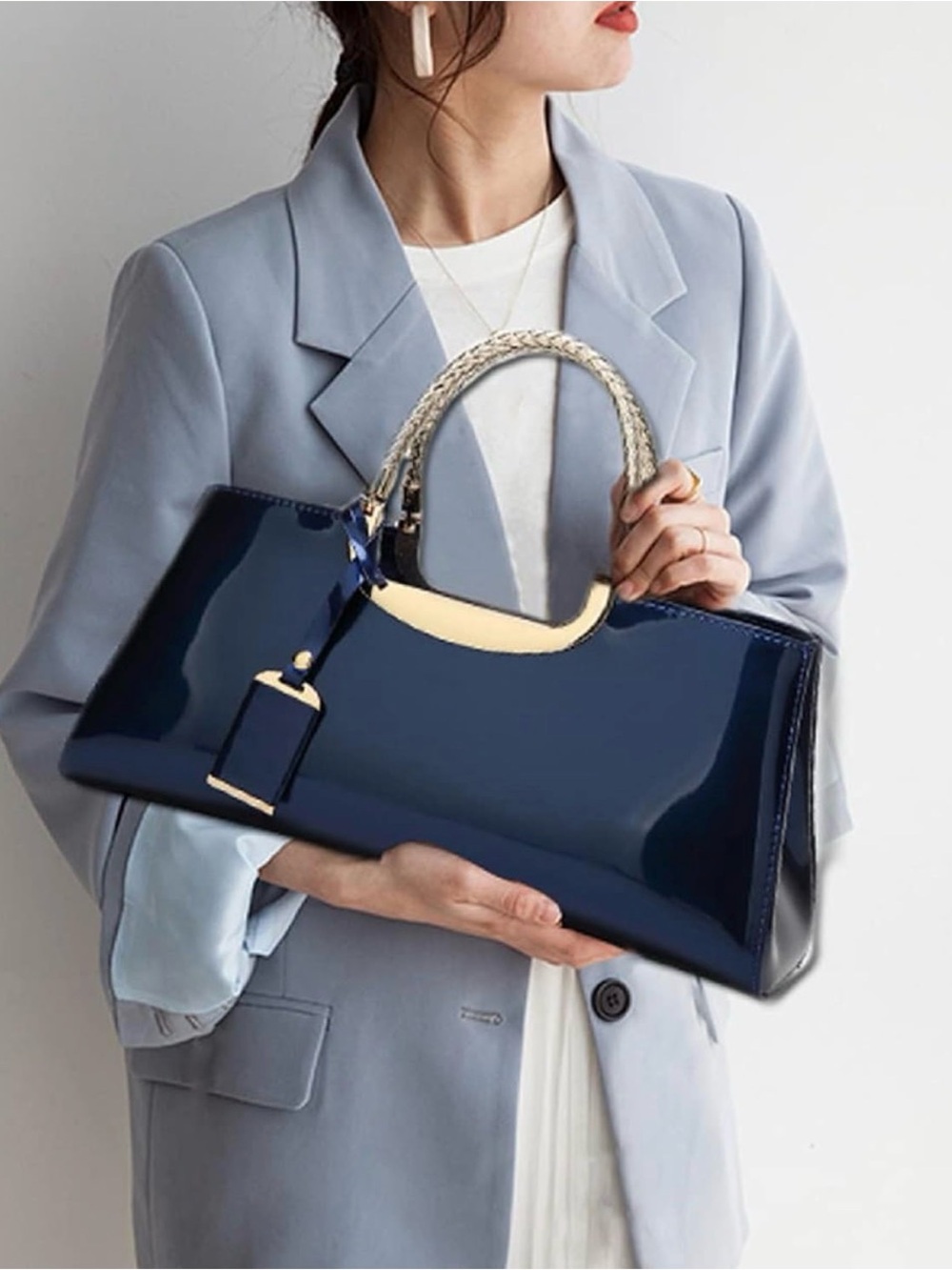 Glossy Women Handbag Faux Patent Leather Top-Handle Bag Structured Shoulder Bag